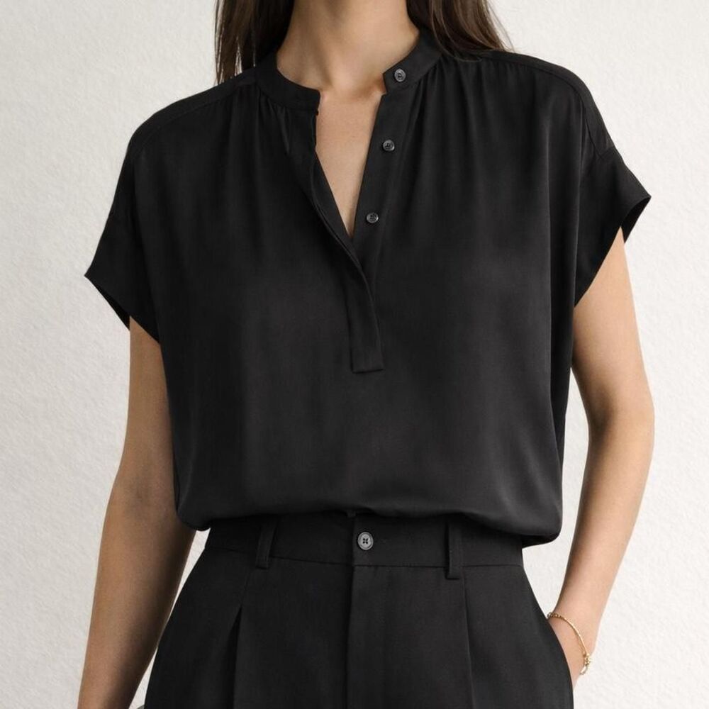 Vince 100% Silk Oversized Blouse XS Black Relaxed Draped Minimalist Luxury
